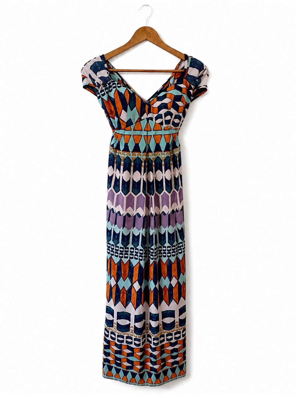 Geo Print V-Neck Maxi Dress in Teal, Orange & Purple